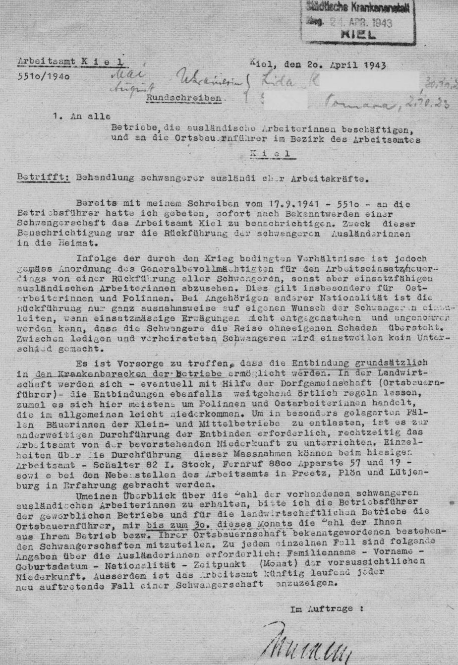 Das Rundschreiben des Arbeitsamtes Kiel vom 20. April 1943.